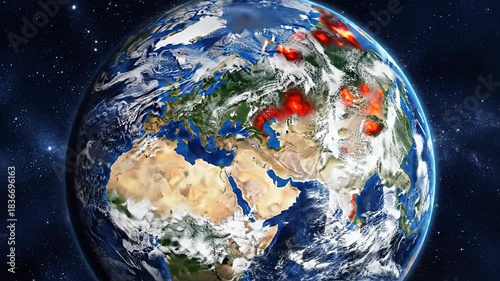 Earth's transformation from a world of peace to a devastated planet, a visual representation of the effects of global conflict. Global crisis