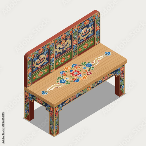 Isometric view of an intricately decorated bench with floral and dragon patterns