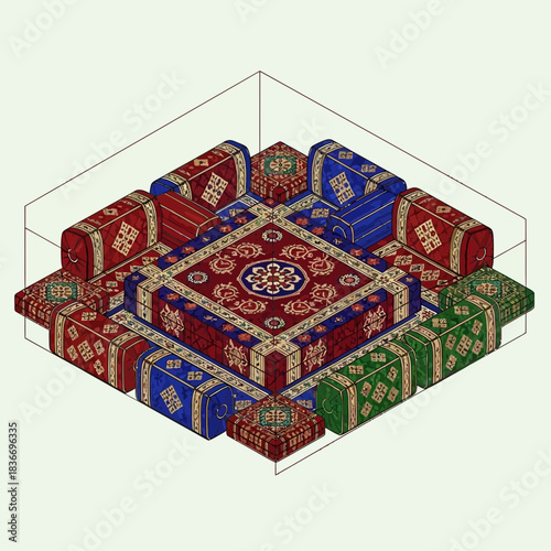Isometric Moroccan-Style Cushions Arrangement: A Diverse Seating Experience