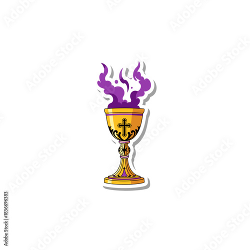 Golden Chalice Emitting Purple Smoke With Cross Emblem On Stem Against Black Background Isolated
