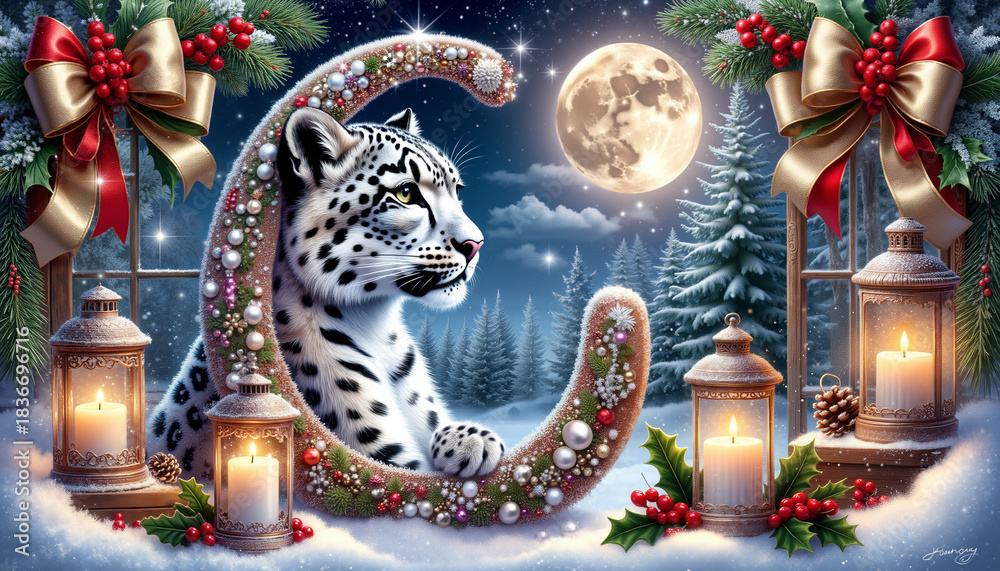 Fototapeta premium Snow leopard resting beside Christmas decorations and lanterns