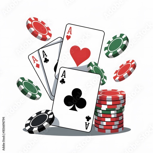 Poker Cards with Casino Chips Featuring Four Aces
