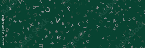 Falling letters of English language. Chalk handdrawn flying words of Latin alphabet. Foreign languages study concept. Alive back to school banner on blackboard background.