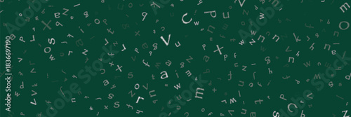 Falling letters of English language. Chalk handdrawn flying words of Latin alphabet. Foreign languages study concept. Alive back to school banner on blackboard background.