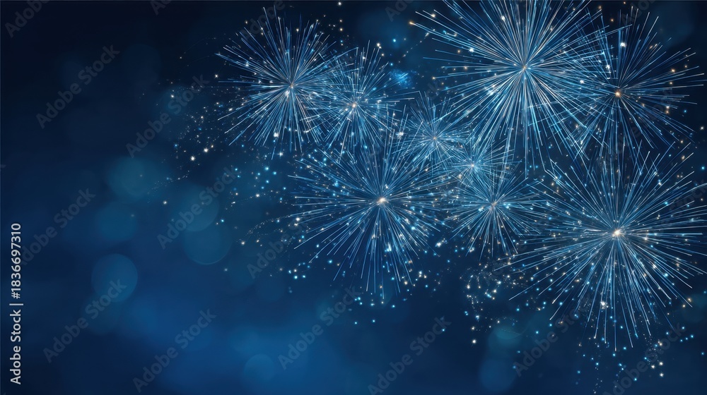 Fototapeta premium Colorful fireworks light up the night sky with bright sparks over a blue background. The event brings joy and excitement to spectators enjoying the show.