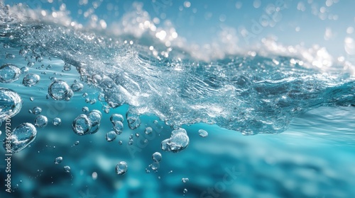 Water forms splashes with bubbles rising in a clear blue ocean. Sunlight filters through the water surface creating a bright scene on a sunny day.