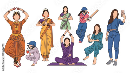 Diverse Indian women showcase cultural heritage, yoga, cricket, and modern lifestyle in a vibrant collection perfect for global audiences