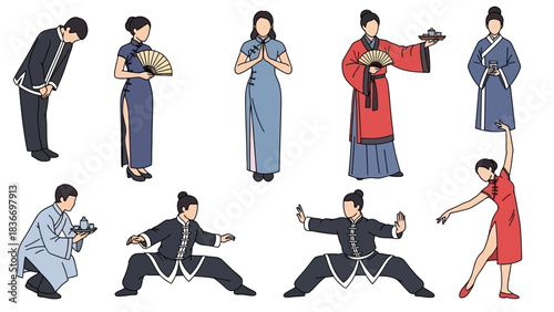Vibrant collection of people in traditional Chinese clothing showcasing diverse activities and cultural expressions in a modern cartoon style for any project