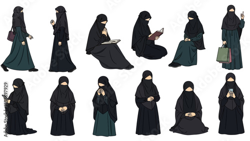 Diverse Muslim women in niqab, showcasing education, shopping, and modern life, perfect for cultural projects and inclusive designs, promoting diversity