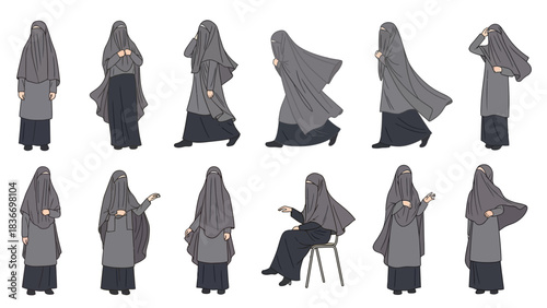 Diverse collection of Muslim women in traditional burqa attire showcasing various poses and actions on white background for cultural representation