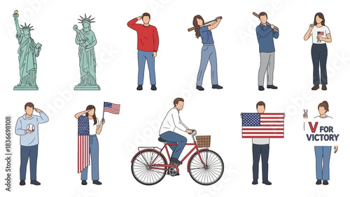 Celebrate American pride with this dynamic collection of patriotic citizens honoring liberty, baseball, and victory across the USA landscape