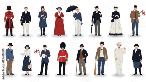 Iconic British fashion through the ages showcasing historical style and cultural trends, perfect for costume design or heritage projects with diverse characters