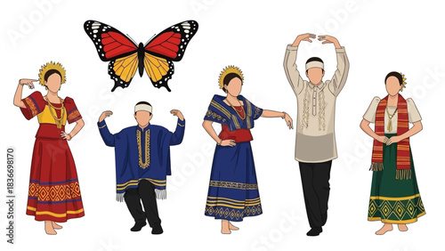 Vibrant cultural dance performance with dancers in traditional Filipino attire and a monarch butterfly, celebrating heritage and artistic expression