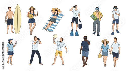 Happy summer vacation vibes with diverse people enjoying beach activities like surfing, swimming, sunbathing, and photography for a vibrant lifestyle feel