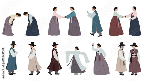 Vibrant collection of people wearing traditional Korean Hanbok clothing in various poses perfect for cultural presentations or design projects