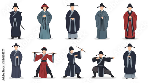 Authentic Asian martial artists in traditional clothing striking dynamic poses for cultural events, historical reenactments, and educational projects