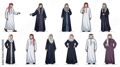 Diverse group of men and women in traditional Arabic clothing offering professional cultural insights and designs for global marketing projects