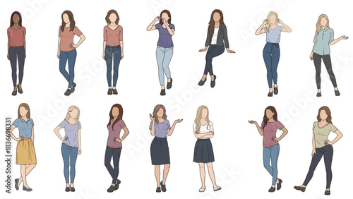 Diverse group of women in various poses for modern business lifestyle illustrations or designs, creating a dynamic and inclusive visual narrative