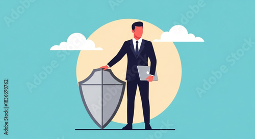 Businessman Standing with Shield and Document Symbolizing Protection and Security in Corporate Environment Illustration