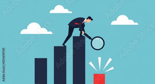 Businessman Analyzing Data with Magnifying Glass on Bar Graph in Digital Illustration, Conceptual Growth and Problem Solving