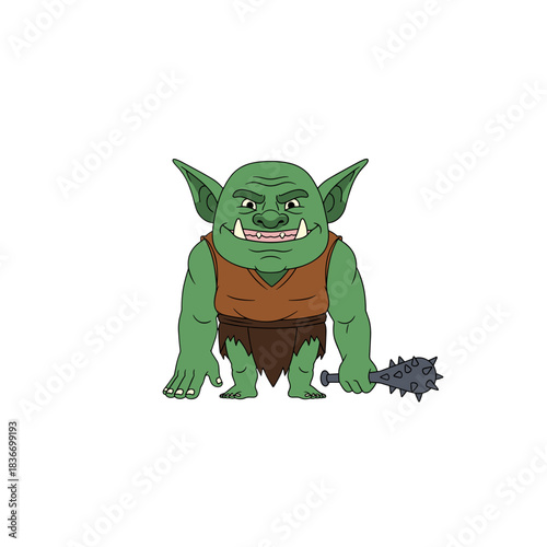 Green Goblin Monster Character Holding A Mace With Pointed Ears And Wearing A Brown Tunic And Tattered Skirt Against A Black Background