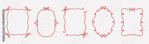 Whimsical wedding frame doodle set. Coquette boarders with bows and ribbons in sketch style. Hand drawn Vintage vector illustration for Valentine’s Day, wedding invitations.