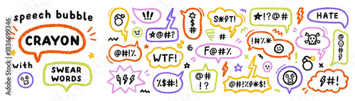 Comic crayon speech bubble with swear word and hate doodle. Hand drawn chalk grumpy text balloon with curse or insult in sketch style. Pencil rude profanity censorship in scribble talk cloud