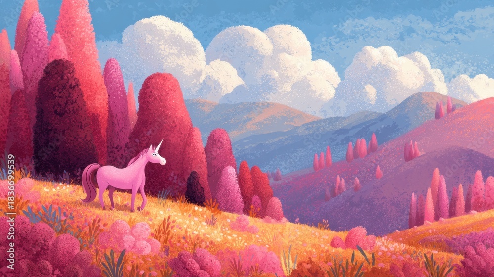 Fototapeta premium A pink unicorn stands in a colorful landscape filled with pink trees and green hills. Fluffy clouds float in the blue sky while flowers cover the ground in vibrant shades.