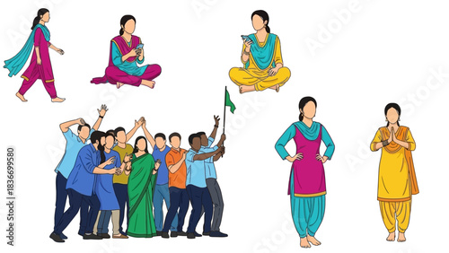 Diverse group of people celebrating and connecting in traditional Indian clothing, radiating joy and cultural pride, perfect for community events and social media