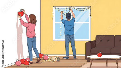Happy couple decorating home interior with festive lights and heart ornaments