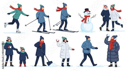 Delightful winter activities collection showcasing diverse outdoor fun like skiing, skating, building snowmen, and playful snowball fights in a snowy wonderland