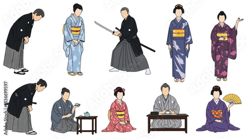 Experience the elegance of traditional Japanese culture with serene figures in beautiful kimonos, offering a glimpse into timeless artistry and grace