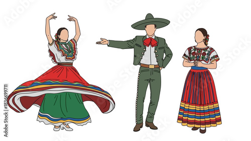 Vibrant trio showcasing traditional Mexican folkloric dance costumes celebrating cultural heritage and festivity