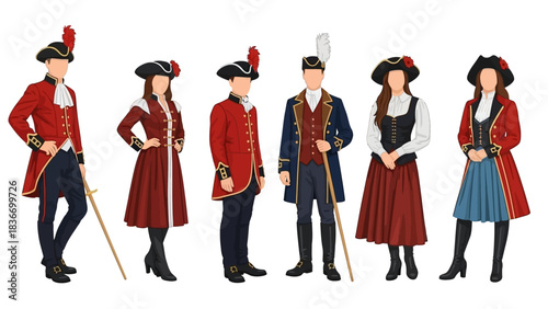 Stunning collection of historical costumes showcasing elegant 18th century military and civilian period fashion for men and women