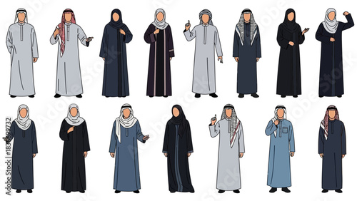 Diverse collection of men and women wearing traditional Gulf Arab attire including thobes and abayas for cultural design projects