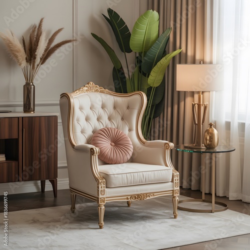 Elegant Living Room Interior Featuring Tufted Armchair, Warm Lighting, Decorative Plants, and Sophisticated Classic Home Styling
