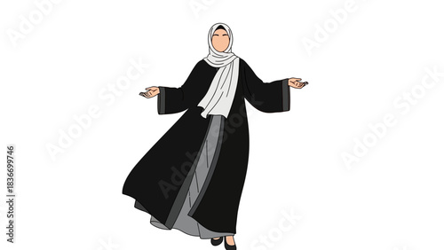 Elegant Muslim woman in flowing black abaya and white hijab welcoming with open arms gesture