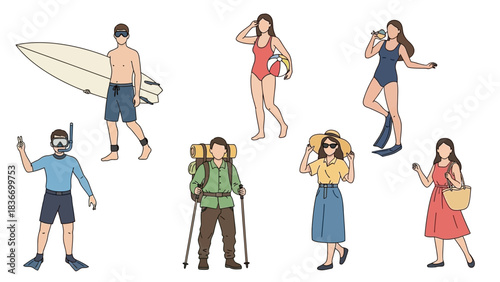 Diverse group of active people enjoying summer vacation activities like surfing snorkeling hiking and beach relaxation