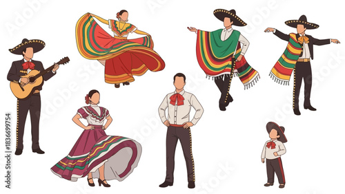 Vibrant collection of Mariachi musicians and folkloric dancers celebrating Mexican culture with authentic festive energy