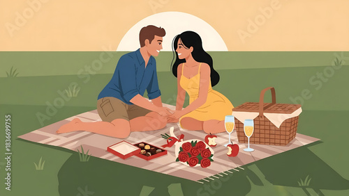 Romantic couple picnic at sunset illustration vector