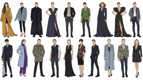 Stunning collection of modern fashion figures showcasing diverse, elegant attire for professional and formal settings