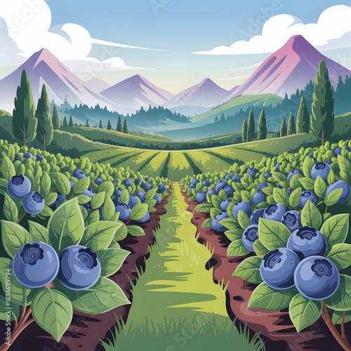 Vibrant Blueberry Farm Landscape Illustration Featuring Lush Fields, Majestic Mountains, Sunrise Sky, and Colorful Nature Scene

