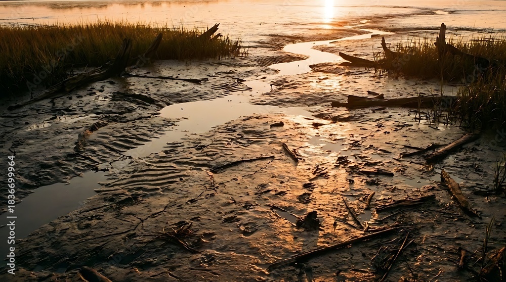 Obraz premium Realistic wetland mudflat textures illuminated by warm soft shadows