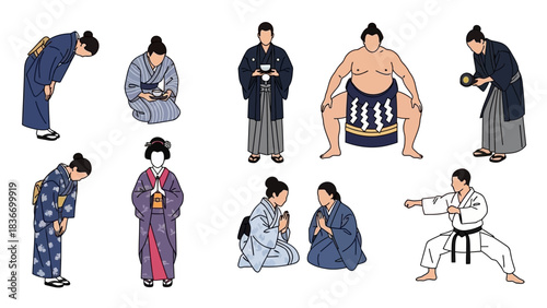 Stunning collection of diverse Japanese people demonstrating traditional greetings martial arts and cultural activities