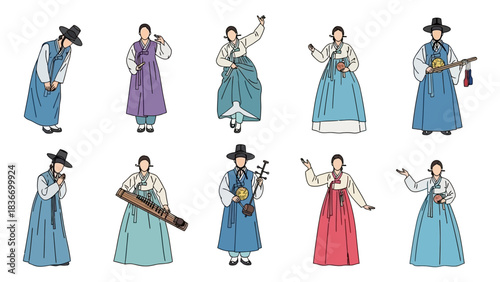 Vibrant collection of people wearing traditional Korean Hanbok performing various elegant cultural poses and playing instruments