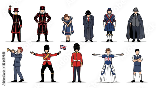 Vibrant collection of iconic British cultural figures and traditional costumes celebrating heritage and royalty