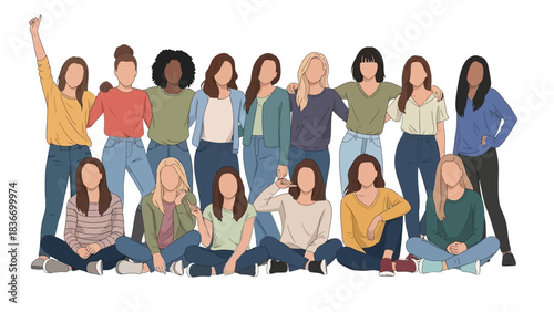 Diverse group of confident women standing and sitting together showing strong female friendship and unity