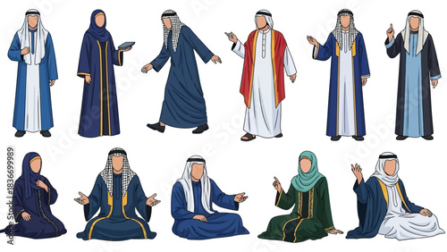 Collection of dynamic Arab men and women figures wearing traditional thobes and abayas showing various poses and interactions