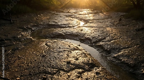 Subtle interplay of warm sunlight over wet mud textures and natural water channels