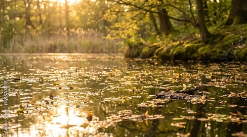 Warm golden light illuminating floating organic fragments on a calm still-water surface